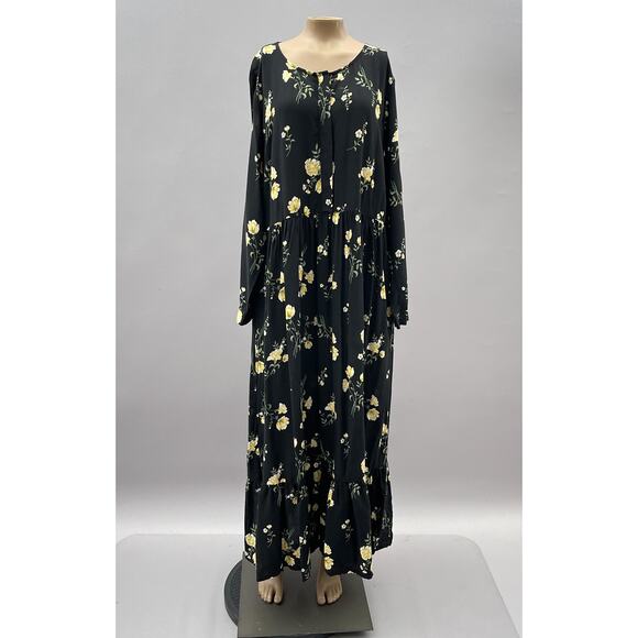 Old Navy Dress Women 1X Plus Black Floral Midi Button Front Long Sleeve NEW - Picture 1 of 10